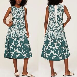 PETER SOM Collective Dress Womens 10 Green Floral Midi Cotton Stretch Rear Bow
